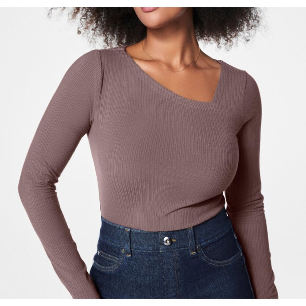 Spanx Stretch Rib Asymmetrical Top Smoke Cut-Out Stretchy Ribbed Taupe Blouse XS